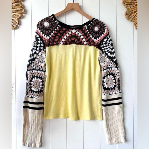 Free People Tops - Free People Mixed Media Granny Square Crochet Shirt NEW